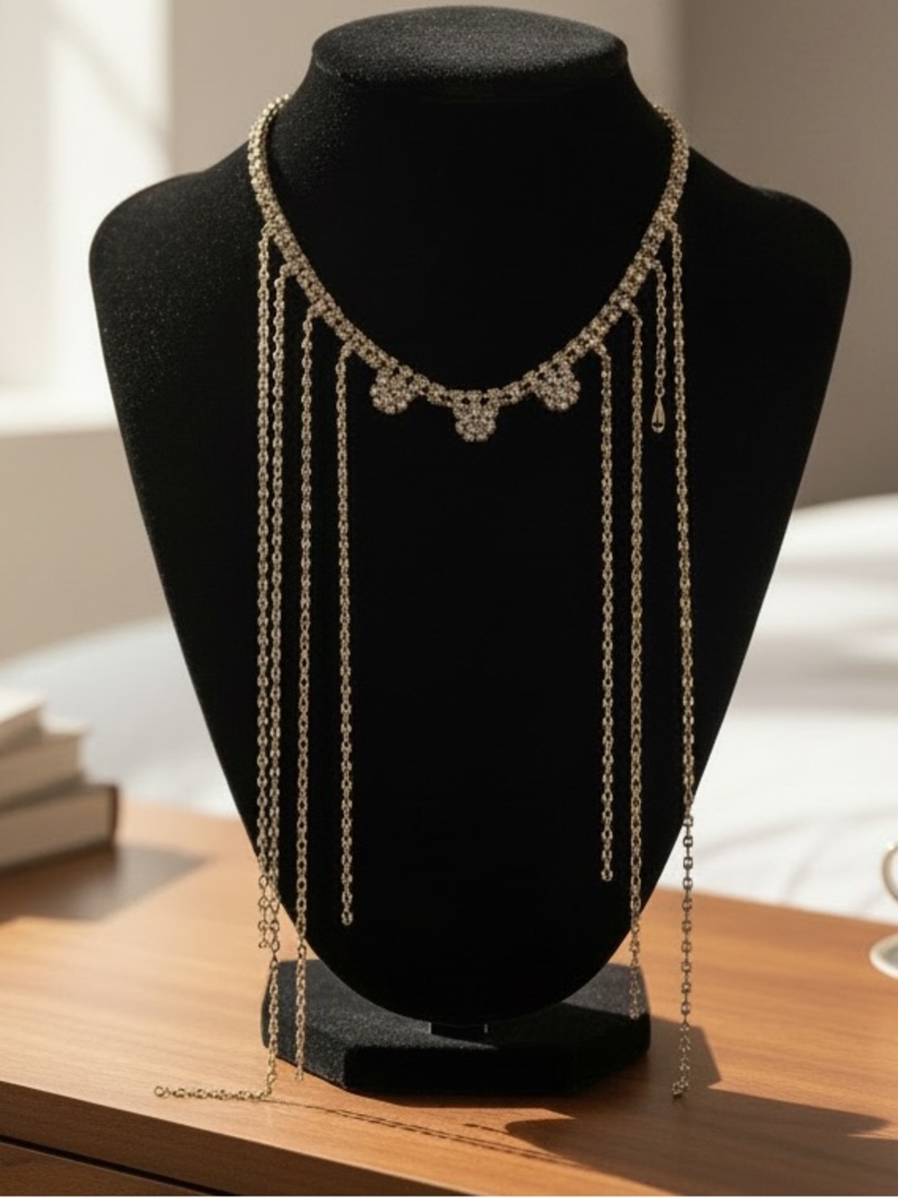 Vintage Gold Rhinestone Crystal Waterfall Fringe Choker Necklace Sparkly